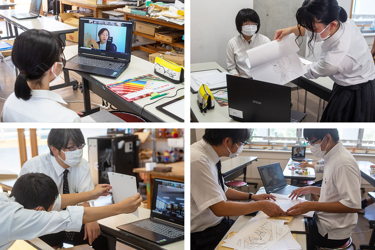 鈴木先生が班ごとに周り、生徒たちの作画をオンラインで講師の方にチェックしてもらう様子。プロ目線のアドバイスに、生徒たちの真剣に耳を傾ける姿が印象的