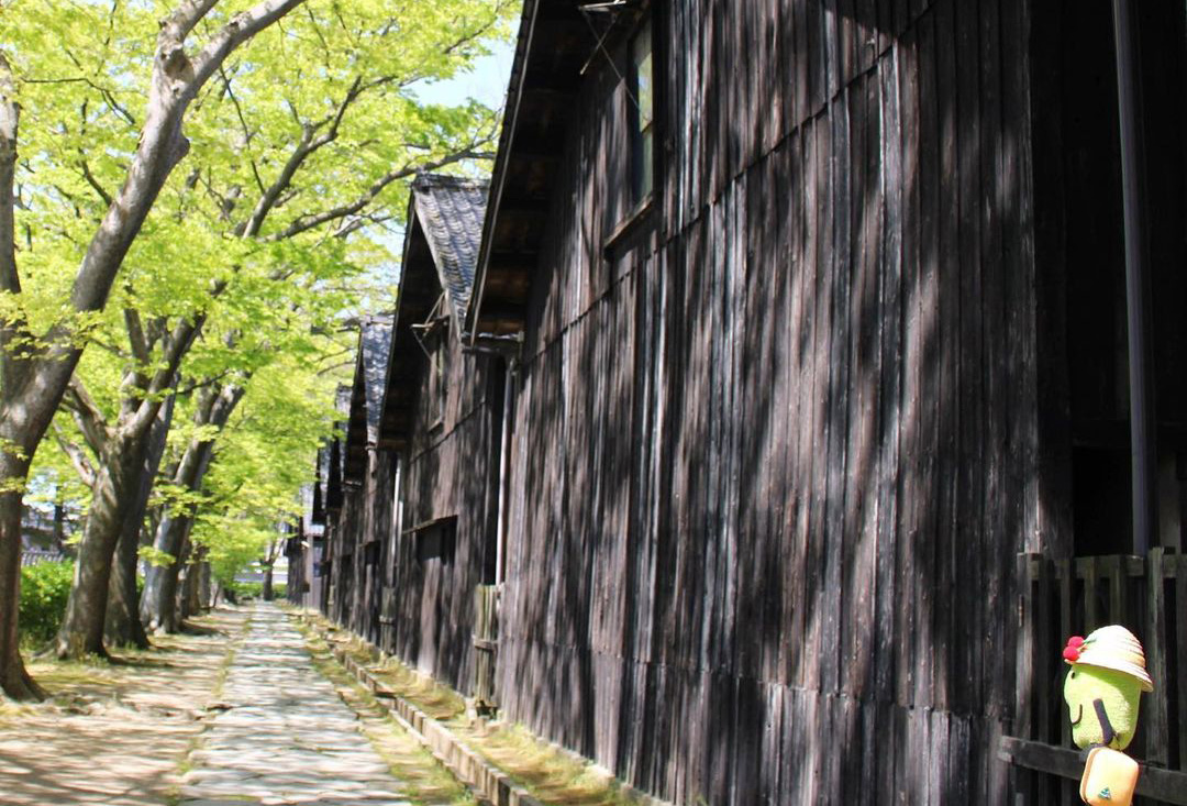 山居倉庫を散策するきてけろくん(画像提供:山形県観光立県推進課)